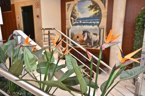 a plant with orange flowers in a hallway at Hotel Adsubia in Denia