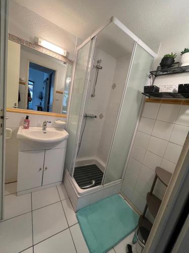 a bathroom with a shower and a sink at Villa, Famille, Piscine, Tennis, 100m Plage in Saint-Cyprien-Plage