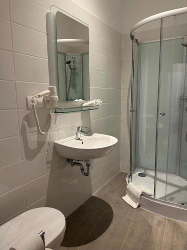 a bathroom with a shower and a sink and a toilet at PostersApt4-Cozy Cinema Vibes in Größing