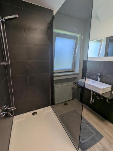 a bathroom with a glass shower and a sink at Einfach Bärig in Giengen an der Brenz