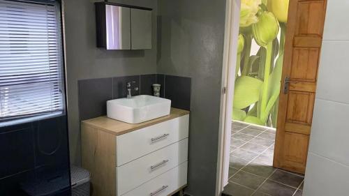 a bathroom with a sink and a mirror at Great 2 bedroom home 100m from the beach in Hibberdene
