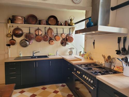 a kitchen with a stove and pots and pans on the wall at Château de la Garlais - 29 couchages in Derval