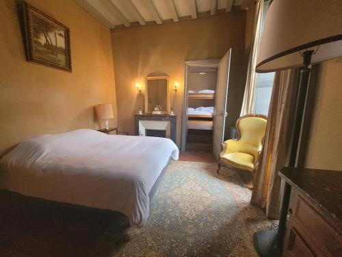 a bedroom with a bed and a chair in a room at Château de la Garlais - 29 couchages in Derval