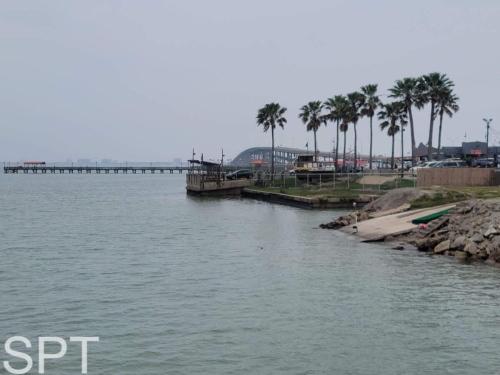 a body of water with palm trees and a pier at Bungalow Tarvana-#1 in Port Isabel