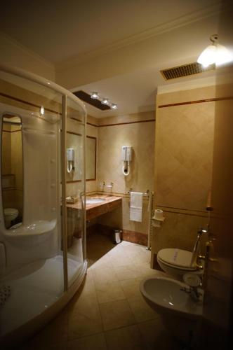 La salle de bains est pourvue d'une douche, d'un lavabo et de toilettes. dans l'établissement Hotel Principe, à Pomezia