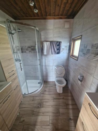 a bathroom with a shower and a toilet at Domek letniskowy Łowisko Frączków 