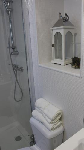 a bathroom with a shower and a toilet with towels at Casa do Museu in Coimbra