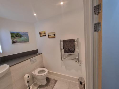 a bathroom with a white toilet and a sink at Sweet Ivy 1 Bedroom Tottenham in London