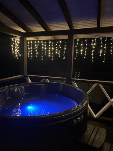 a large blue tub in a room with lights at Шале Біла Ведмедиця in Yablunytsya