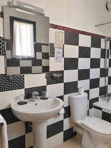 a bathroom with a black and white checkered wall at Hotel et Appartements Reine D'Azur in Roquebrune-Cap-Martin