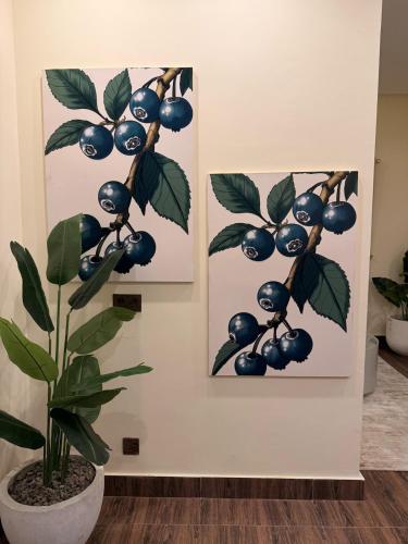 two paintings on a wall with a blueberry plant at Mountain view cottage in Murree