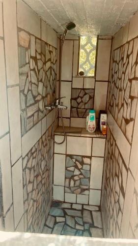 a bathroom with a shower with mosaic tiles on the wall at Nereid Bungalow in Phanaes