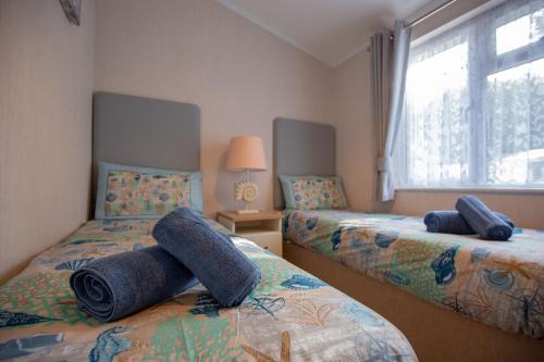 a bedroom with two beds with blue sheets and a window at Flip Flops in Christchurch