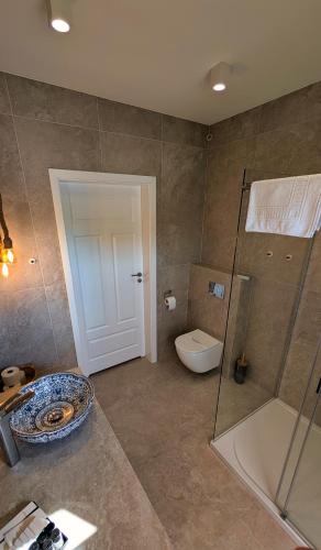 a bathroom with a toilet and a shower and a sink at 3 Sówki in Krajno Zagórze Drugie