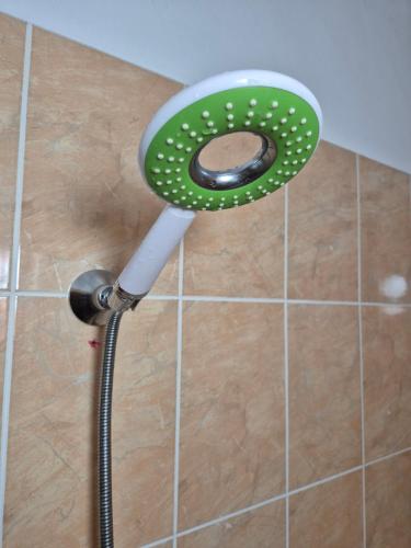 een badkamer met een groen toilet in een tegelvloer bij Private stay place in Sofia