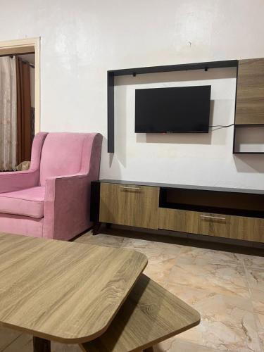 a living room with a pink couch and a tv at المسك للشقق المفروشةدار زمان in Al Mafraq