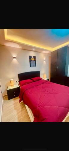 a bedroom with a large pink bed with red pillows at Apartments Porto sokhnaPyramids family in Ain Sokhna