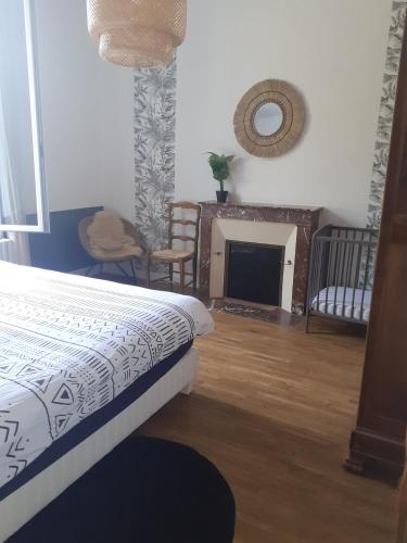 a living room with a bed and a fireplace at Charmante maison de ville avec le calme de la campagne in Poitiers