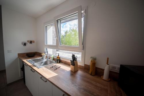 un bancone della cucina con lavandino e finestra di Villa Bulle Dorée & Spa privatif Amnéville ad Amnéville