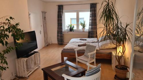 a living room with a bed and a tv at Appel 