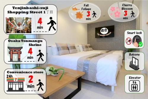 a room with two beds and signs on the wall at NM21 Liz Osaka Castle in Osaka
