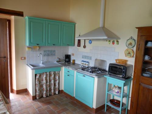 a kitchen with green cabinets and a sink and a stove at Tre Archi in Grumale