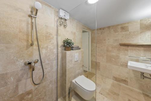 a bathroom with a shower and a toilet and a sink at Caribe CBW Hotel in Willemstad