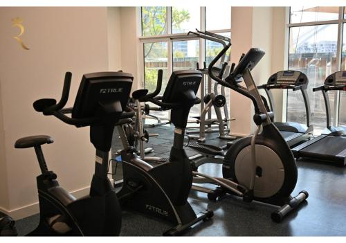 a row of exercise bikes in a gym at Hydra C6 Studio - Luxe View Retreat in Abu Dhabi