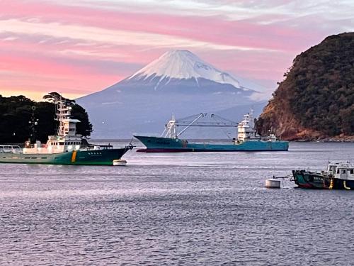 two boats in the water with a mountain in the background at TAKUMI-AN Private Ancient House and Garden in Numazu