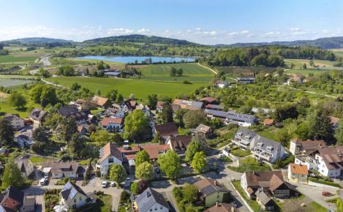an aerial view of a small town with houses and a lake at Romantik Hotel Johanniter-Kreuz in Überlingen