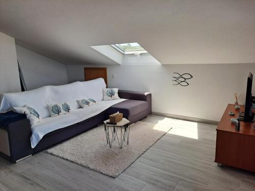 a living room with a couch and a skylight at Aromas do Oceano in Nazaré