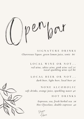 a handwritten calligraphy menu for an open bar with a branch at Un petit coin de paradis à Haute Jarrie in Jarrie