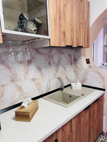a kitchen with a sink and a counter at Imperium DK Apartament in Giurgiu