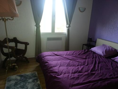 a bedroom with a purple bed and a window at Le Tacot in Auxon-Dessus