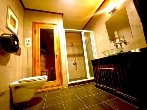 a bathroom with a toilet and a sink at 意大利溫泉會館 in Jiaoxi