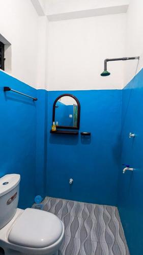 a blue bathroom with a toilet and a mirror at Kavi Guest Belihuloya in Belihul Oya