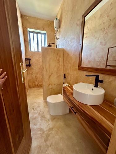 a bathroom with a white sink and a mirror at Alcyone Residence - Ocean View Villa in Muyuni