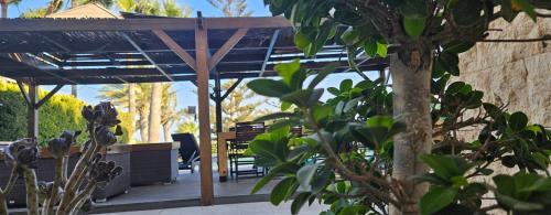 a pavilion with benches and a tree in a garden at Villa del Mar in Mazotos