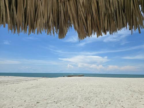 a beach with a straw umbrella and the ocean at Beach Apartment At Nikki Residences 2 Bedroom in El Chirú