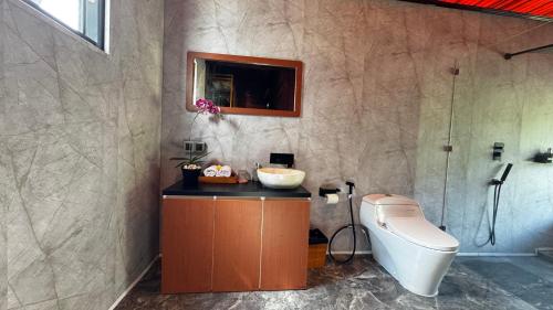 a bathroom with a white toilet and a sink at Eco Oasis Wooden Villa Ubud in Tegalalang