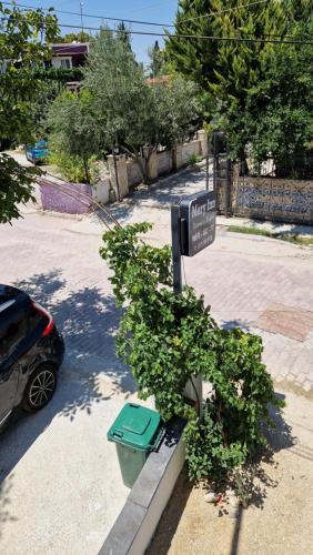 a street sign with a bush next to a car at Mery Inn in Pamukkale