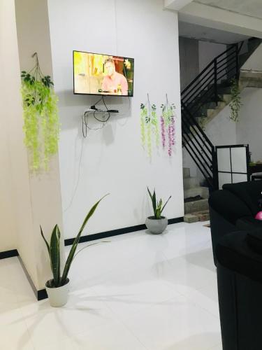 a living room with a tv on a wall with plants at Ops Poinix Hotel in Weerawila