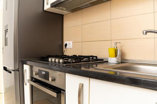a kitchen with a stove and a sink at JAD - Comfortable -3 Rooms & 2 Rooms Apartments in Braşov