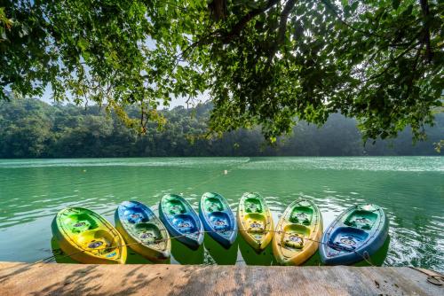 a group of kayaks lined up on the water at Dandeli Wild River Resort in Dandeli