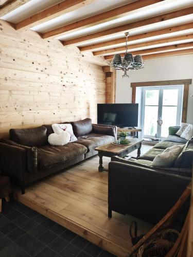 ein Wohnzimmer mit zwei Sofas und einem Fernseher in der Unterkunft Maison de montagne-Ski, randos Proche Gérardmer in Le Valtin