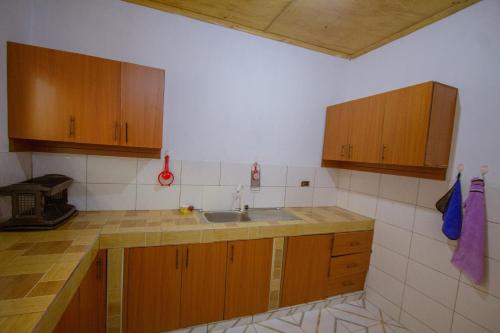 a kitchen with wooden cabinets and a sink at Havillah Gardens Watamu in Watamu