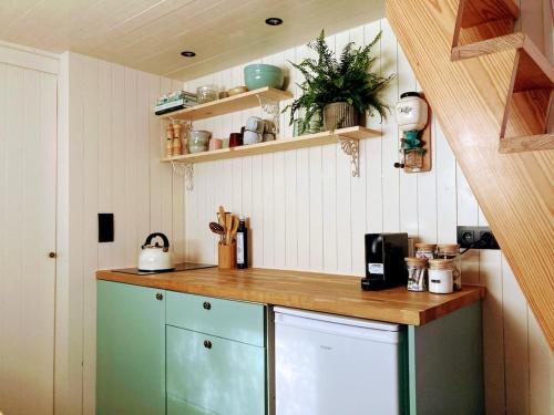 a kitchen with green cabinets and a wooden counter top at Cozy Tiny House in the forest with spacious private garden in Zuidwolde