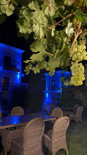 a group of chairs and a table with grapes at Epavlis Meteora Suites Hotel in Kalabaka