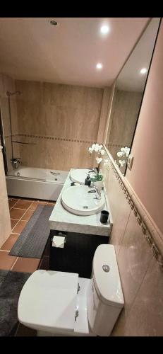 a bathroom with a toilet and a sink and a tub at Casa Flamingolf Apartment in Fuente Alamo
