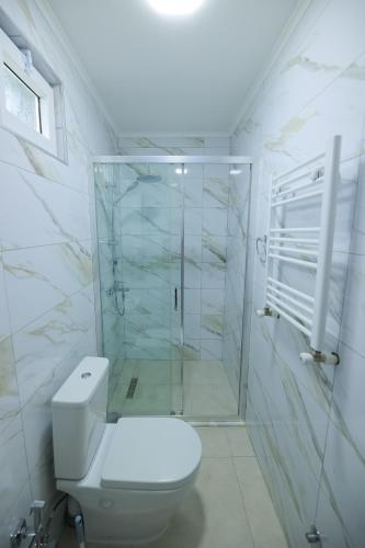 a bathroom with a toilet and a glass shower at Hotel Harmony Premium in Kutaisi